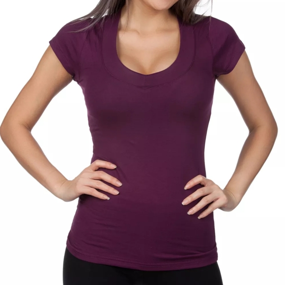 Plum deep v-neck short sleeve basic solid top - Picture 1 of 1